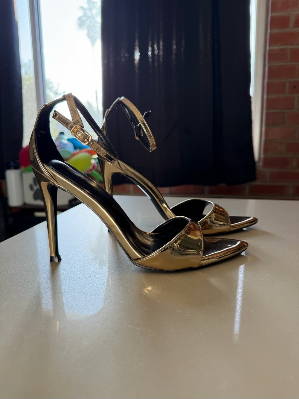 Gold Metallic Pointed Toe High Heel Ankle Strap Sandals